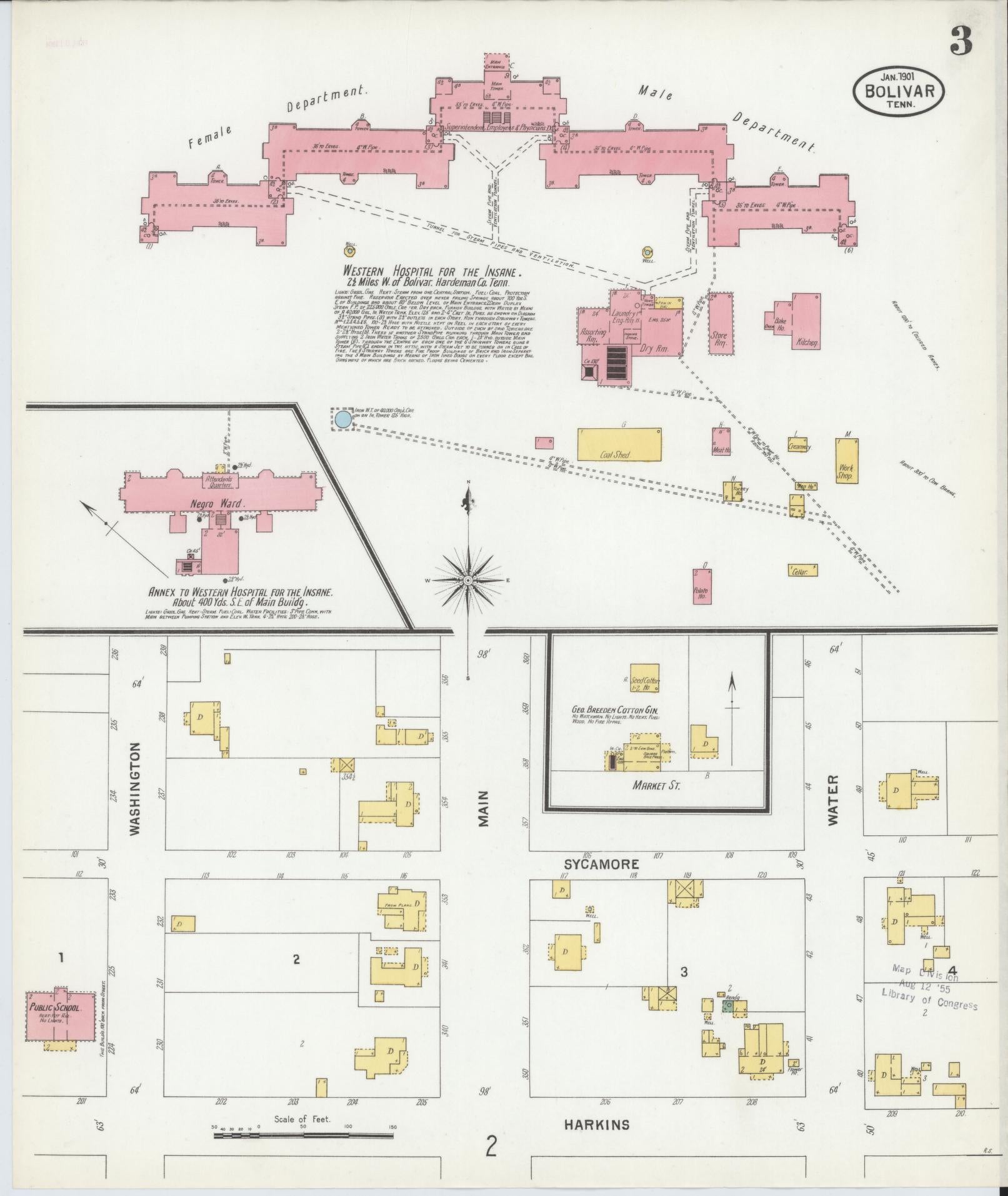 Sanborn Fire Insurance Map from Bolivar, Hardeman County, Tennessee (1901), Sheet #0003 - Complete Map Set gallery image, historic Sanborn map, vintage wall art, Tennessee Tennessee