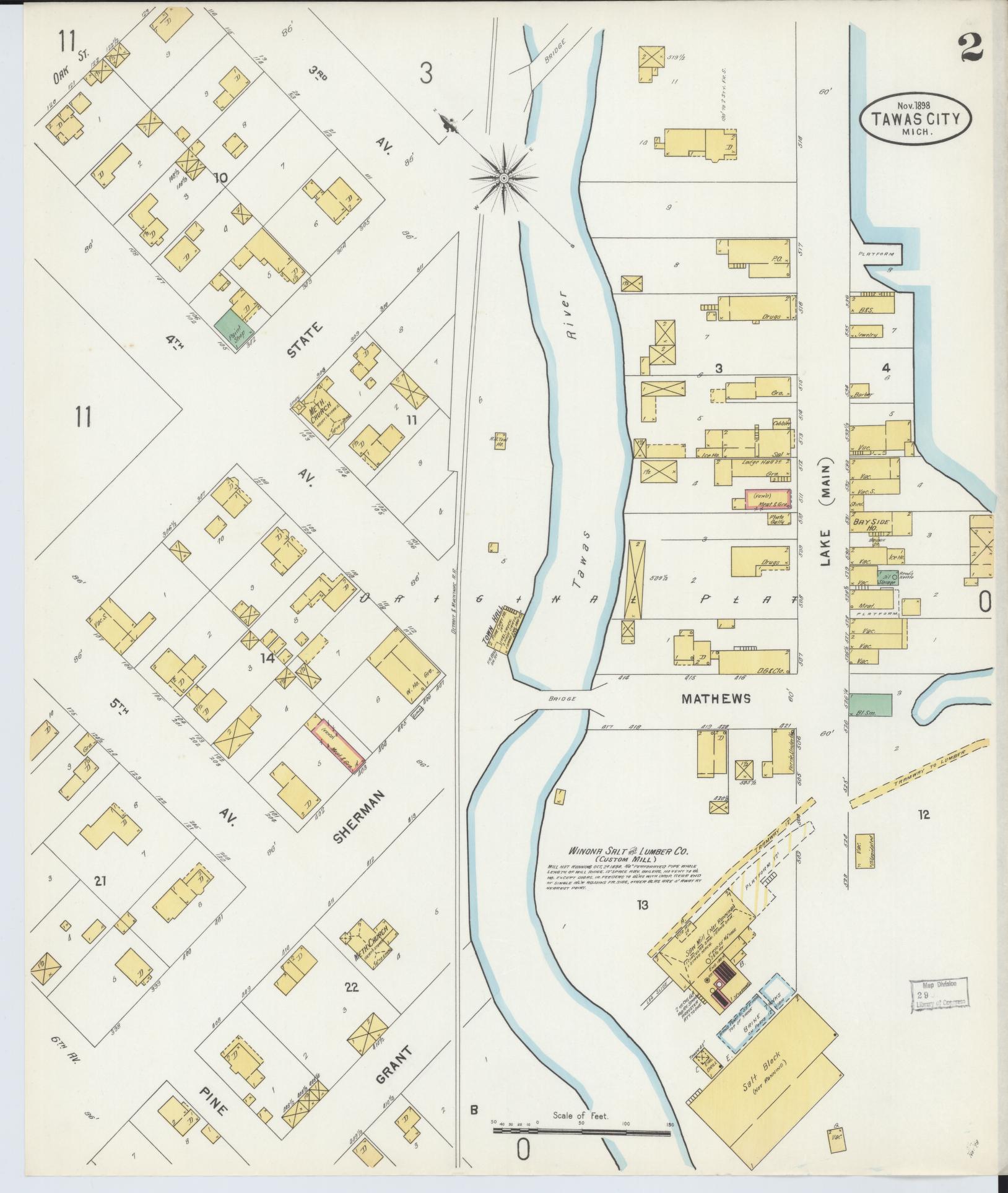 Sanborn Fire Insurance Map from Tawas City, Iosco County, Michigan (1898), Sheet #0002 - Historic Sanborn Fire Insurance Map Print, vintage old map wall art, antique decor, genealogy gift, Michigan Michigan map