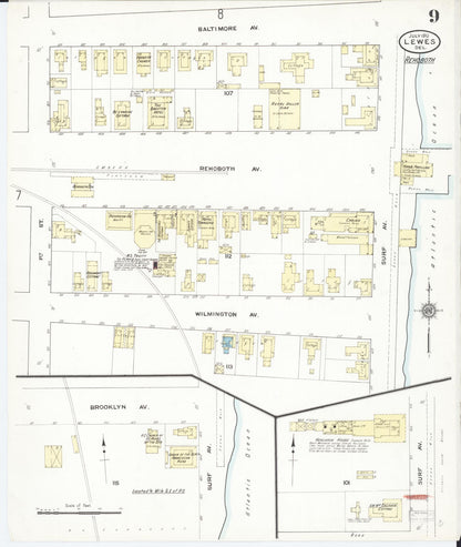 Sanborn Fire Insurance Map from Lewes, Sussex County, Delaware (1910), Sheet #0009 - Complete Map Set gallery image, historic Sanborn map, vintage wall art, Delaware Delaware