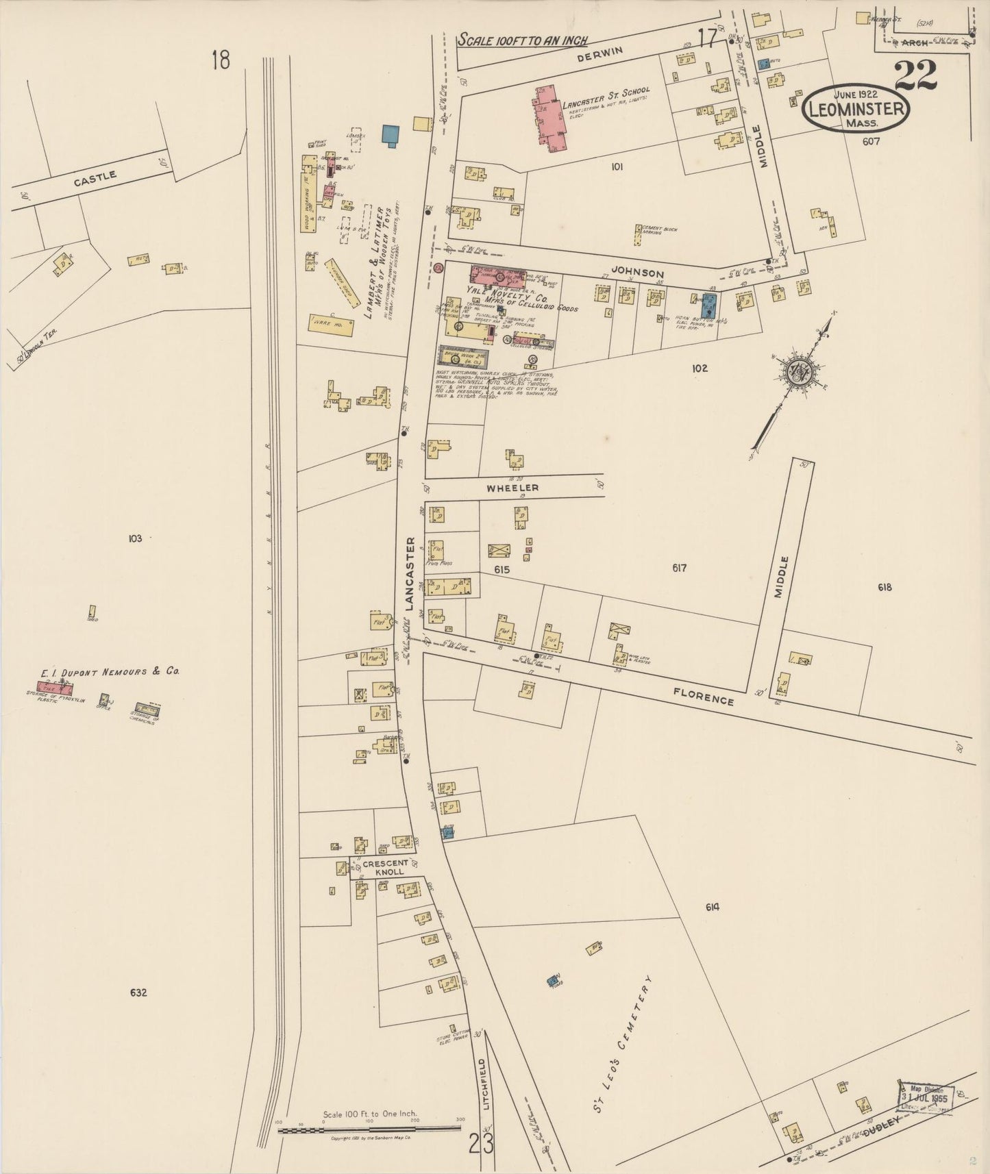 Sanborn Fire Insurance Map from Leominster, Worcester County, Massachusetts (1922), Sheet #0022 - Complete Map Set gallery image, historic Sanborn map, vintage wall art, Massachusetts Massachusetts