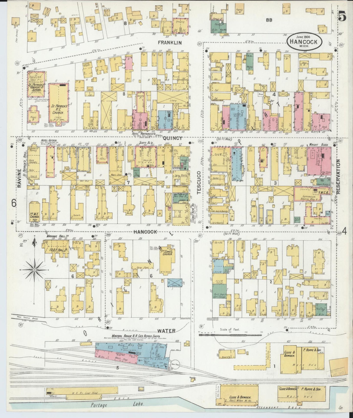 Sanborn Fire Insurance Map from Houghton, Houghton County, Michigan (1900), Sheet #0005 - Complete Map Set gallery image, historic Sanborn map, vintage wall art, Michigan Michigan