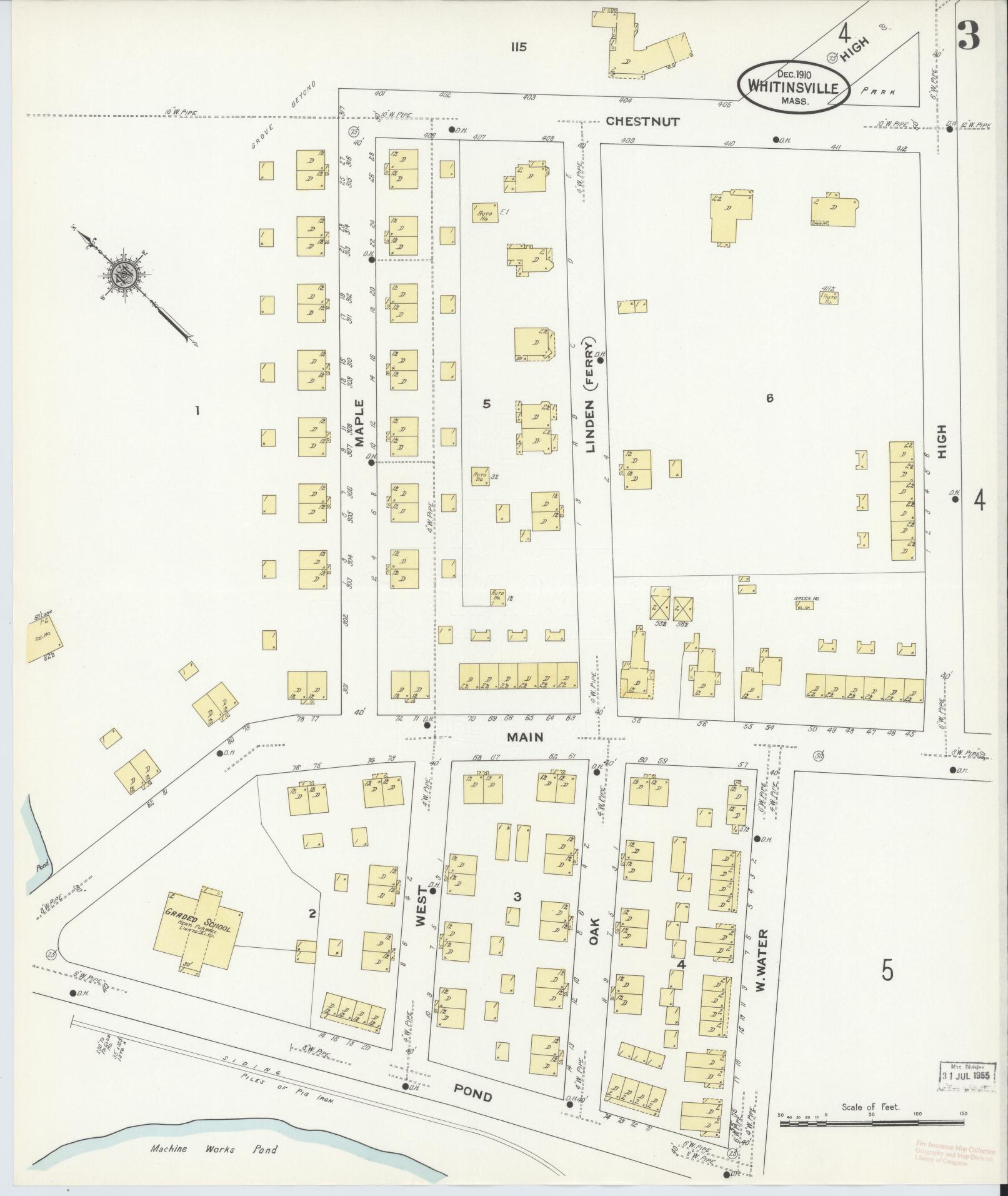 Sanborn Fire Insurance Map from Whitinsville, Worcester County, Massachusetts (1910), Sheet #0003 - Complete Map Set gallery image, historic Sanborn map, vintage wall art, Massachusetts Massachusetts