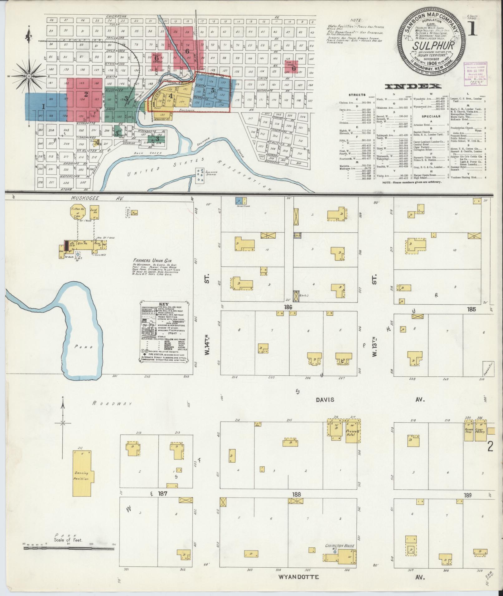 Sanborn Fire Insurance Map from Sulphur, Murray County, Oklahoma (1906), Sheet #0001 - Complete Map Set gallery image, historic Sanborn map, vintage wall art, Oklahoma Oklahoma