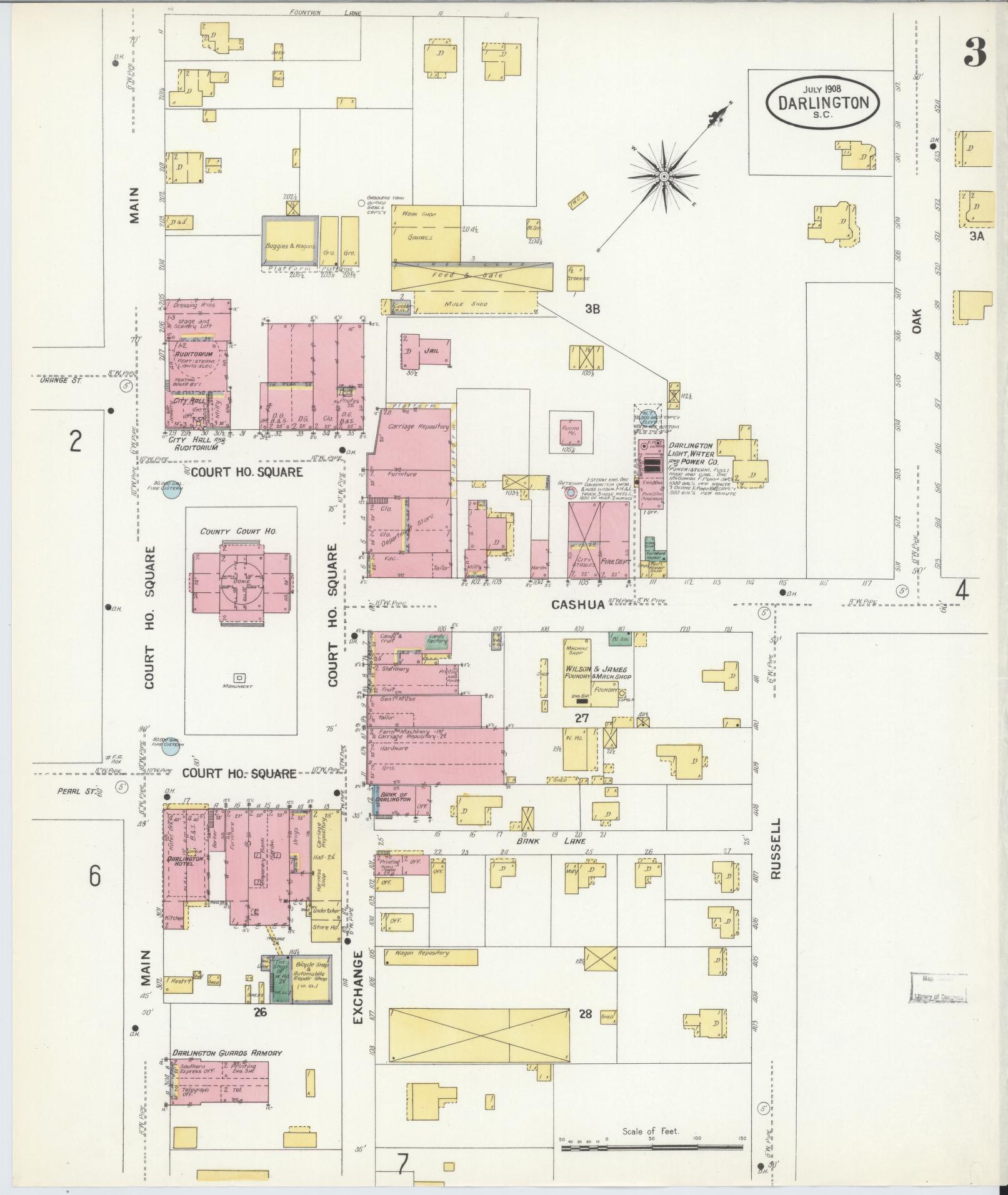 Sanborn Fire Insurance Map from Darlington, Darlington County, South Carolina (1908), Sheet #0003 - Complete Map Set gallery image, historic Sanborn map, vintage wall art, South Carolina South Carolina