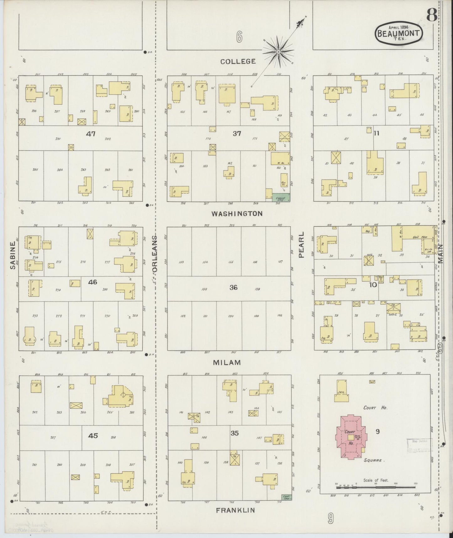 Sanborn Fire Insurance Map from Beaumont, Jefferson County, Texas (1894), Sheet #0008 - Complete Map Set gallery image, historic Sanborn map, vintage wall art, Texas Texas