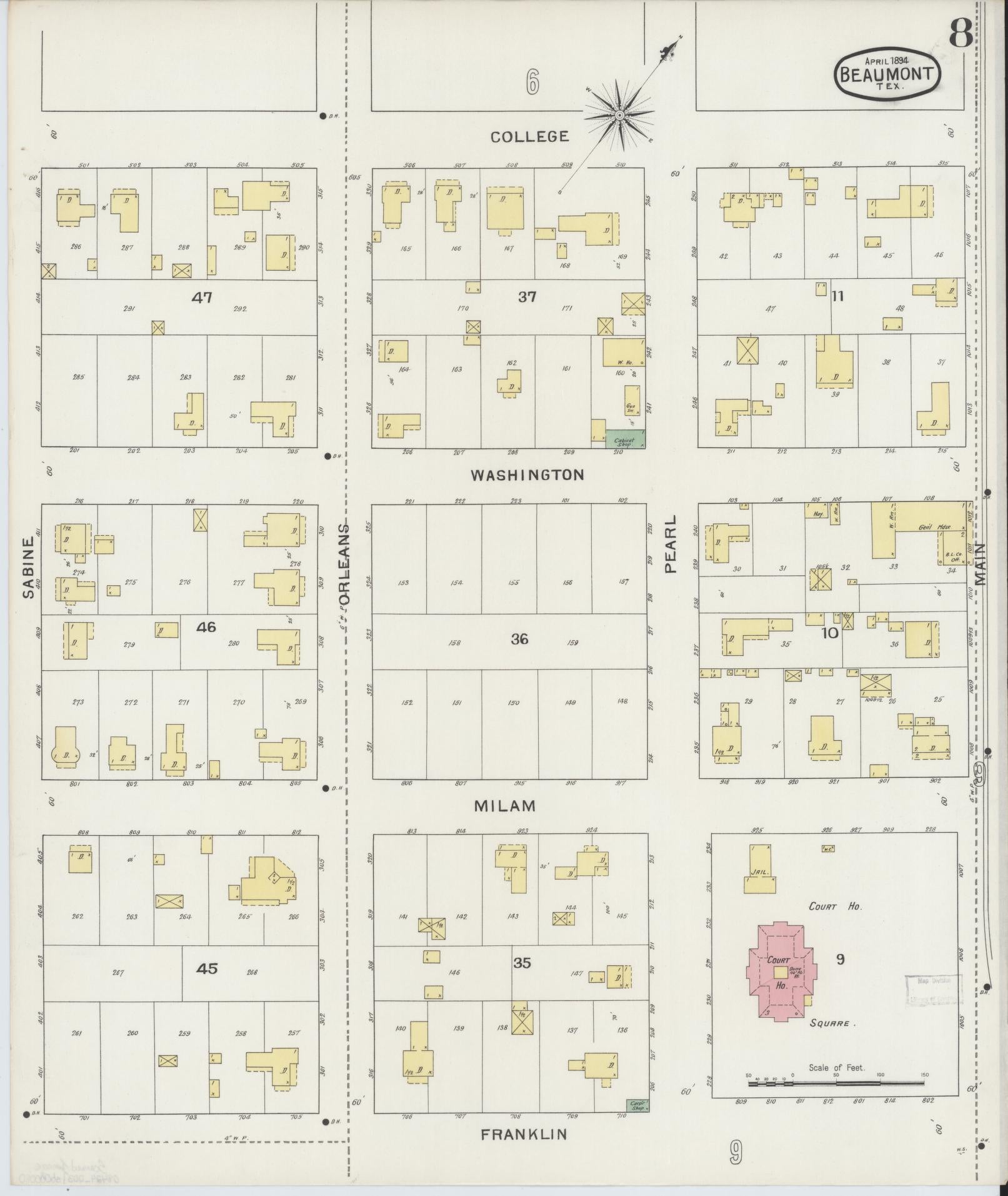 Sanborn Fire Insurance Map from Beaumont, Jefferson County, Texas (1894), Sheet #0008 - Complete Map Set gallery image, historic Sanborn map, vintage wall art, Texas Texas