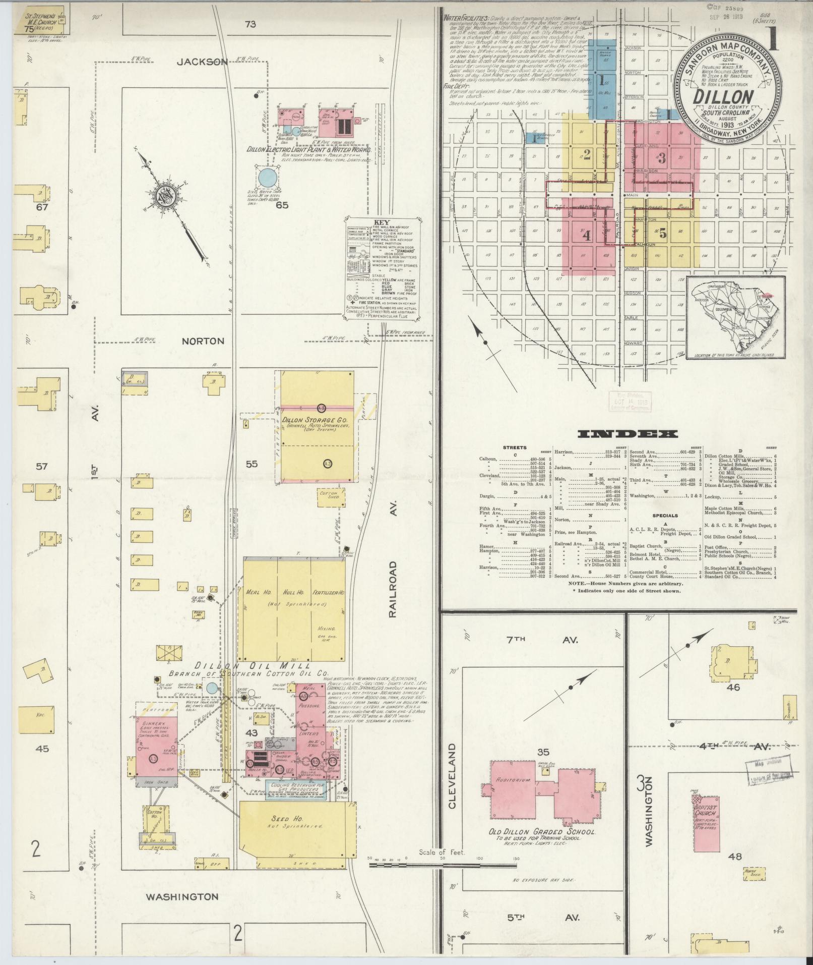 Sanborn Fire Insurance Map from Dillon, Dillon County, South Carolina (1913), Sheet #0001 - Complete Map Set gallery image, historic Sanborn map, vintage wall art, South Carolina South Carolina