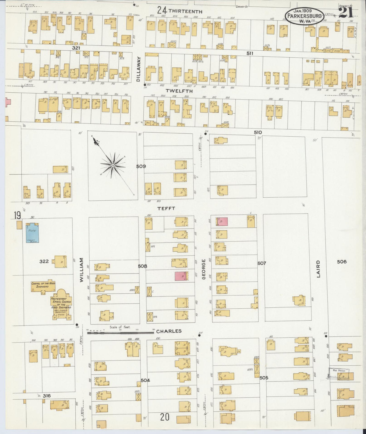 Sanborn Fire Insurance Map from Parkersburg, Wood County, West Virginia (1909), Sheet #0021 - Complete Map Set gallery image, historic Sanborn map, vintage wall art, West Virginia West Virginia