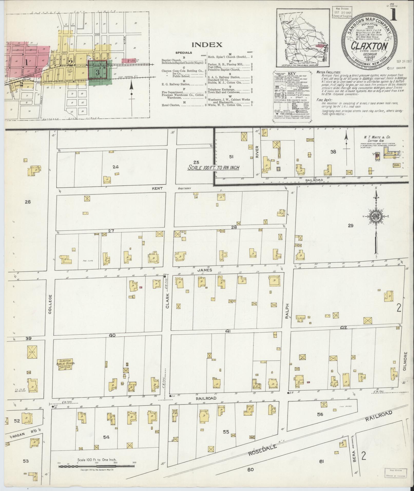 Sanborn Fire Insurance Map from Claxton, Evans County, Georgia (1917), Sheet #0001 - Historic Sanborn Fire Insurance Map Print, vintage old map wall art, antique decor, genealogy gift, Georgia Georgia map