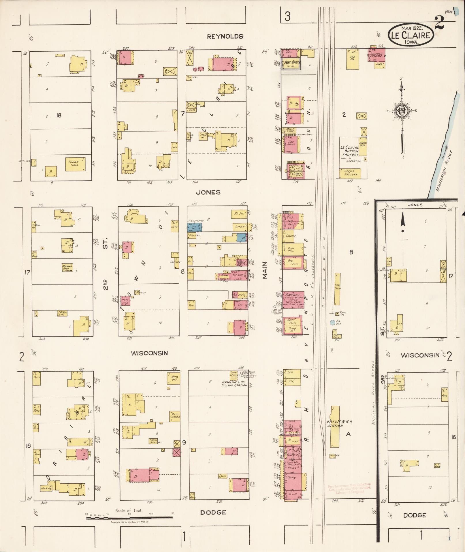 Sanborn Fire Insurance Map from Le Claire, Scott County, Iowa (1922), Sheet #0002 - Historic Sanborn Fire Insurance Map Print