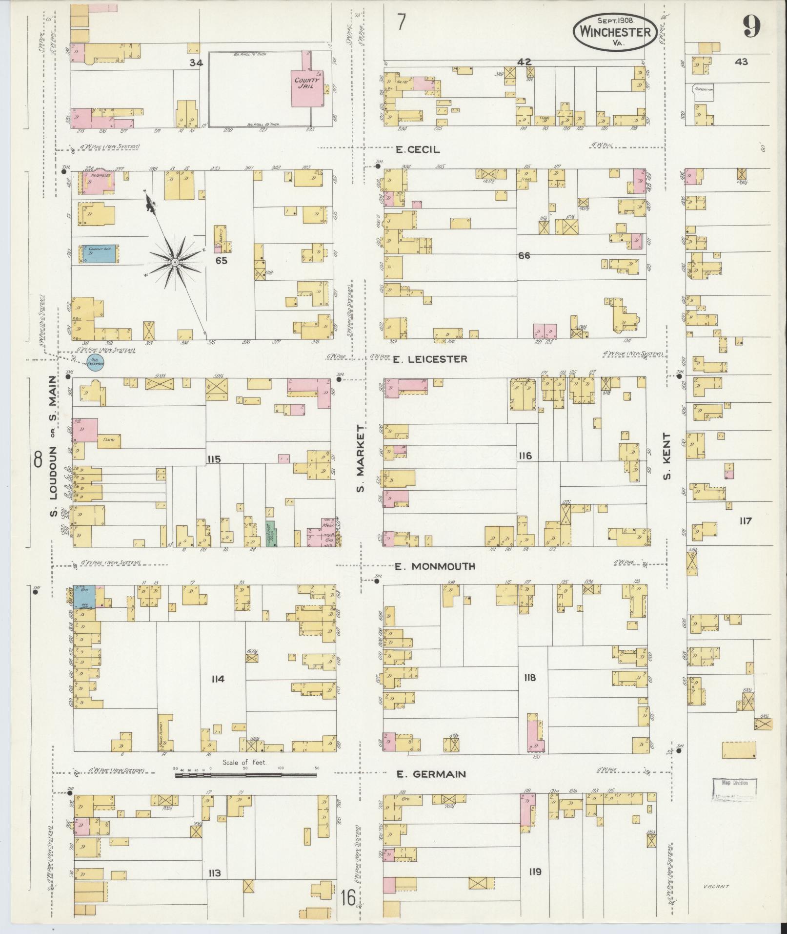 Sanborn Fire Insurance Map from Winchester, Independent Cities, Virginia (1908), Sheet #0009 - Complete Map Set gallery image, historic Sanborn map, vintage wall art, Virginia Virginia