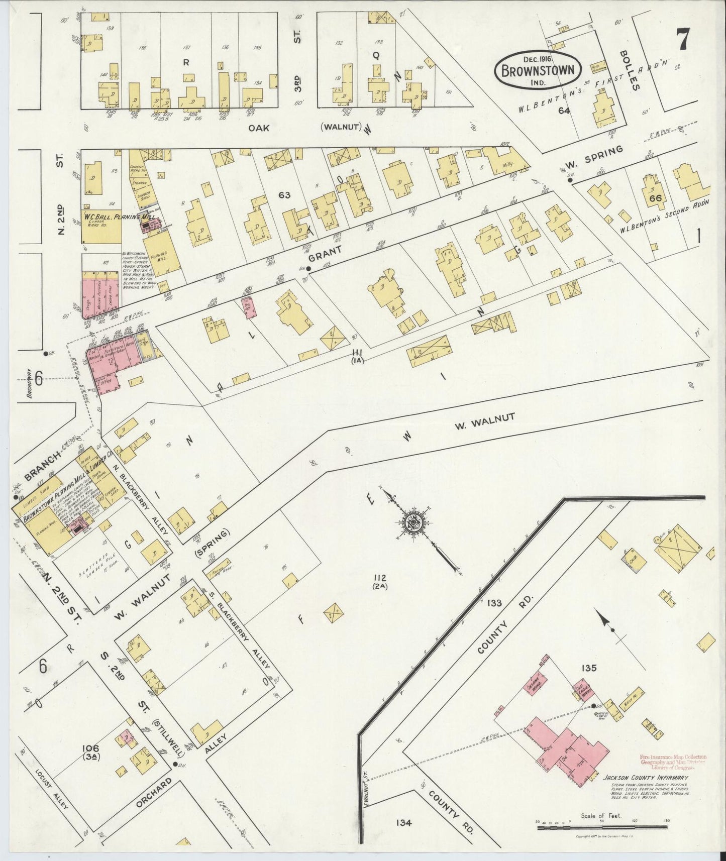Sanborn Fire Insurance Map from Brownstown, Jackson County, Indiana (1916), Sheet #0007 - Historic Sanborn Fire Insurance Map Print, vintage old map wall art, antique decor, genealogy gift, Indiana Indiana map