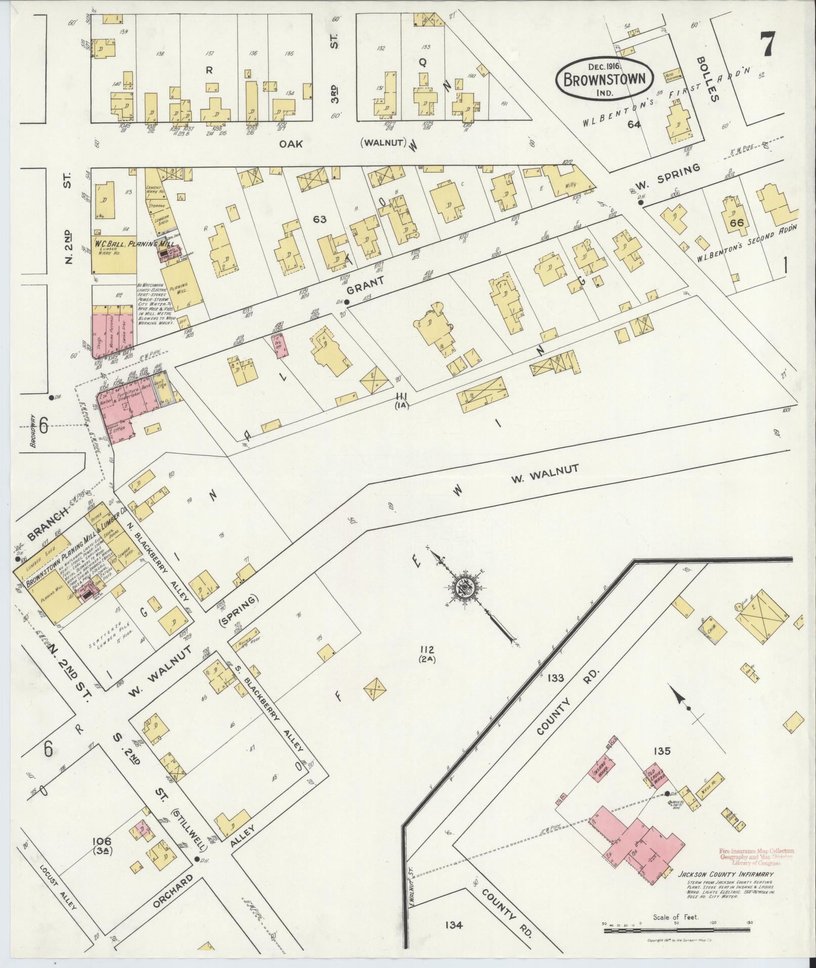 Sanborn Fire Insurance Map from Brownstown, Jackson County, Indiana (1916), Sheet #0007 - Historic Sanborn Fire Insurance Map Print, vintage old map wall art, antique decor, genealogy gift, Indiana Indiana map