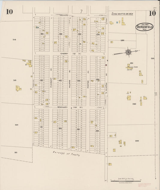 Sanborn Fire Insurance Map from Bergenfield, Bergen County, New Jersey (1923), Sheet #0010 - Historic Sanborn Fire Insurance Map Print, vintage old map wall art, antique decor, genealogy gift, New Jersey New Jersey map