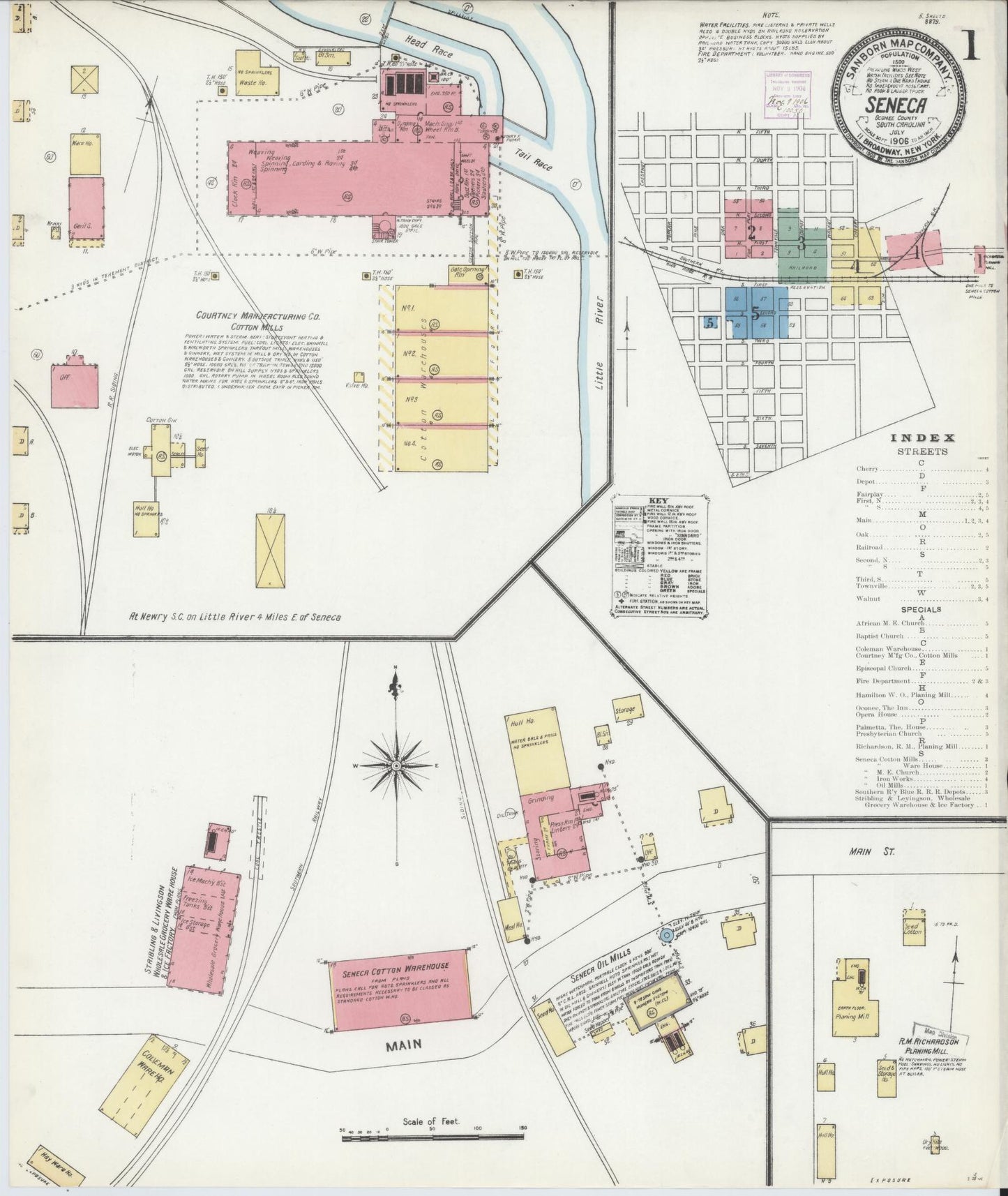 Sanborn Fire Insurance Map from Seneca, Oconee County, South Carolina (1906), Sheet #0001 - Historic Sanborn Fire Insurance Map Print, vintage old map wall art, antique decor, genealogy gift, South Carolina South Carolina map