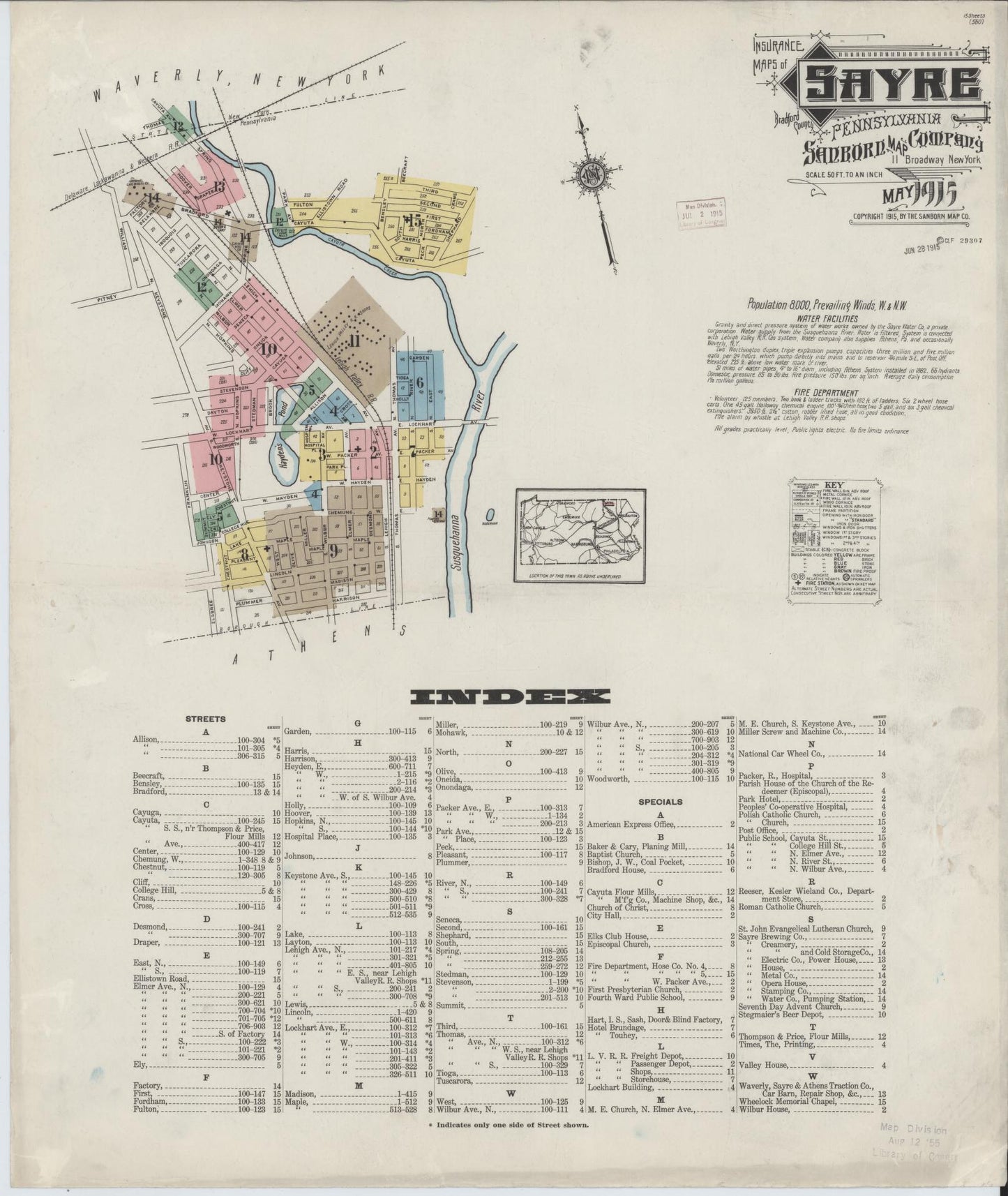 Sanborn Fire Insurance Map from Sayre, Bradford County, Pennsylvania (1915), Sheet #0001 - Complete Map Set gallery image, historic Sanborn map, vintage wall art, Pennsylvania Pennsylvania
