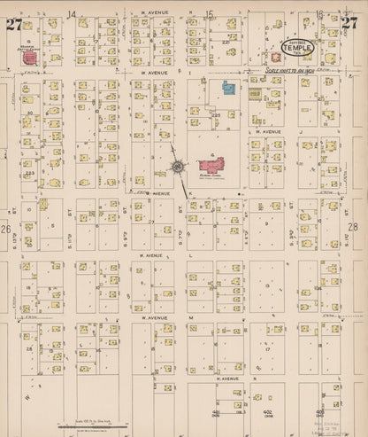 Sanborn Fire Insurance Map from Temple, Bell County, Texas (1922), Sheet #0027 - Historic Sanborn Fire Insurance Map Print, vintage old map wall art, antique decor, genealogy gift, Texas Texas map