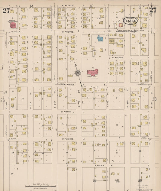 Sanborn Fire Insurance Map from Temple, Bell County, Texas (1922), Sheet #0027 - Historic Sanborn Fire Insurance Map Print, vintage old map wall art, antique decor, genealogy gift, Texas Texas map