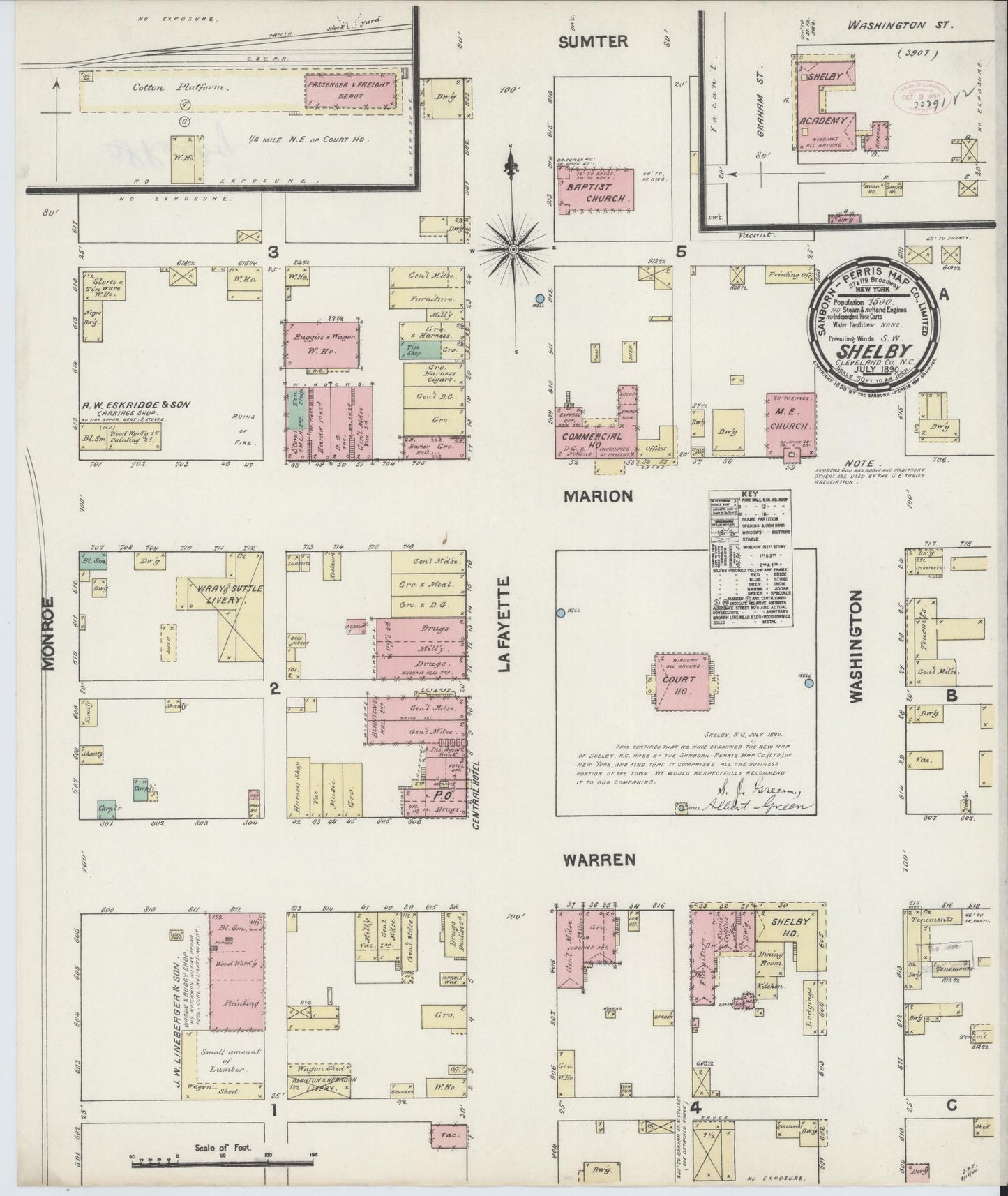 Sanborn Fire Insurance Map from Shelby, Cleveland County, North Carolina (1890), Sheet #0001 - Historic Sanborn Fire Insurance Map Print, vintage old map wall art, antique decor, genealogy gift, North Carolina North Carolina map