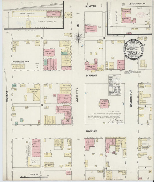 Sanborn Fire Insurance Map from Shelby, Cleveland County, North Carolina (1890), Sheet #0001 - Historic Sanborn Fire Insurance Map Print, vintage old map wall art, antique decor, genealogy gift, North Carolina North Carolina map