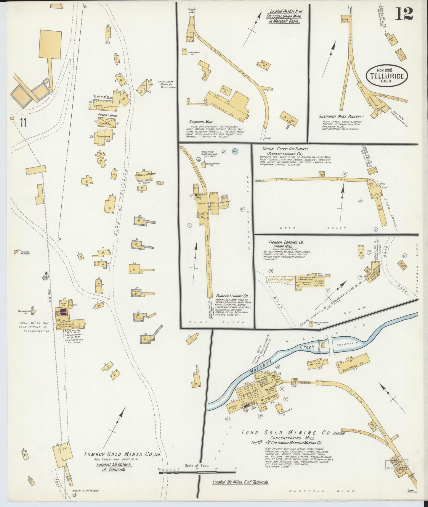 Sanborn Fire Insurance Map from Telluride, San Miguel County, Colorado (1908), Sheet #0012 - Complete Map Set gallery image, historic Sanborn map, vintage wall art, Colorado Colorado