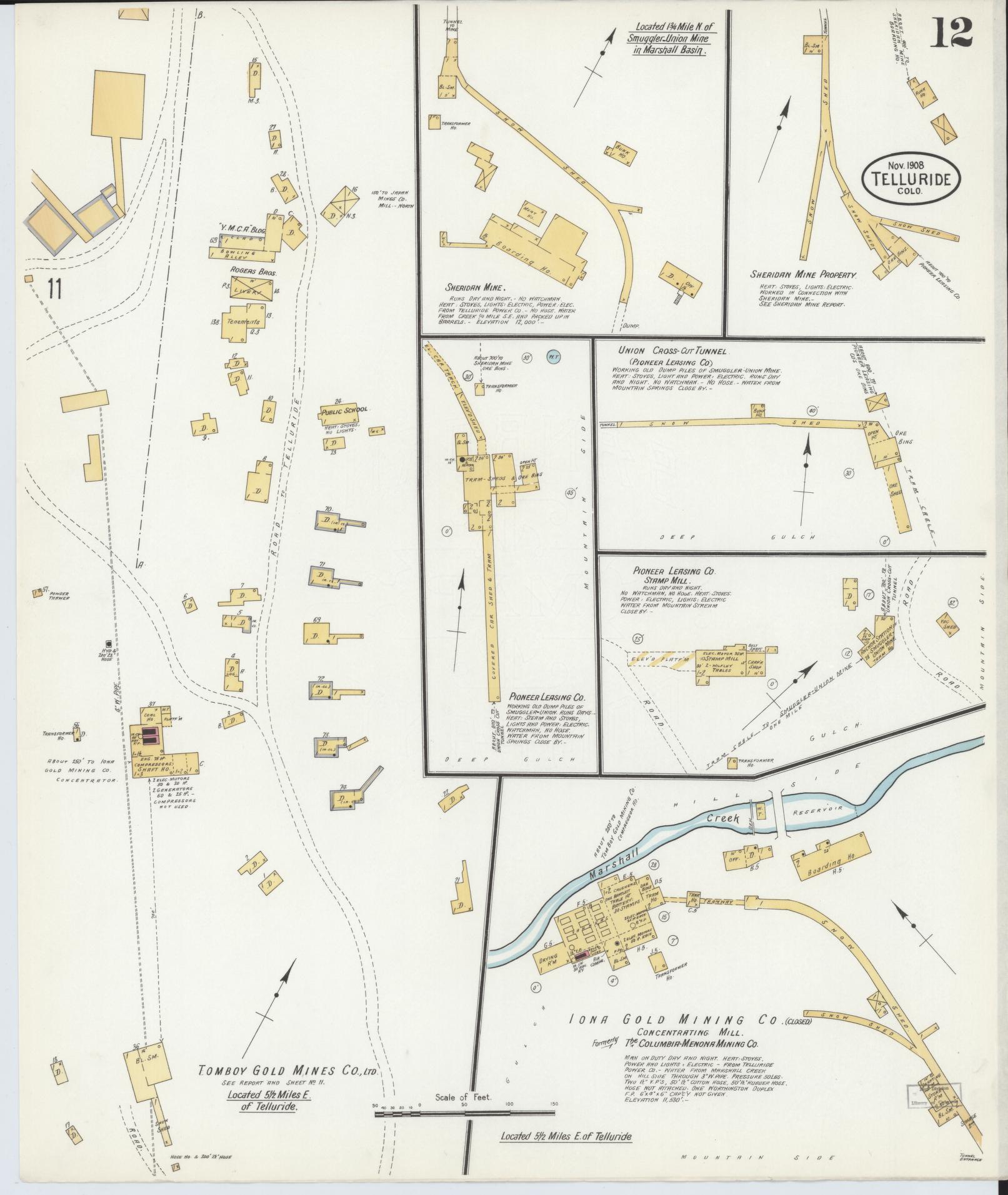 Sanborn Fire Insurance Map from Telluride, San Miguel County, Colorado (1908), Sheet #0012 - Complete Map Set gallery image, historic Sanborn map, vintage wall art, Colorado Colorado