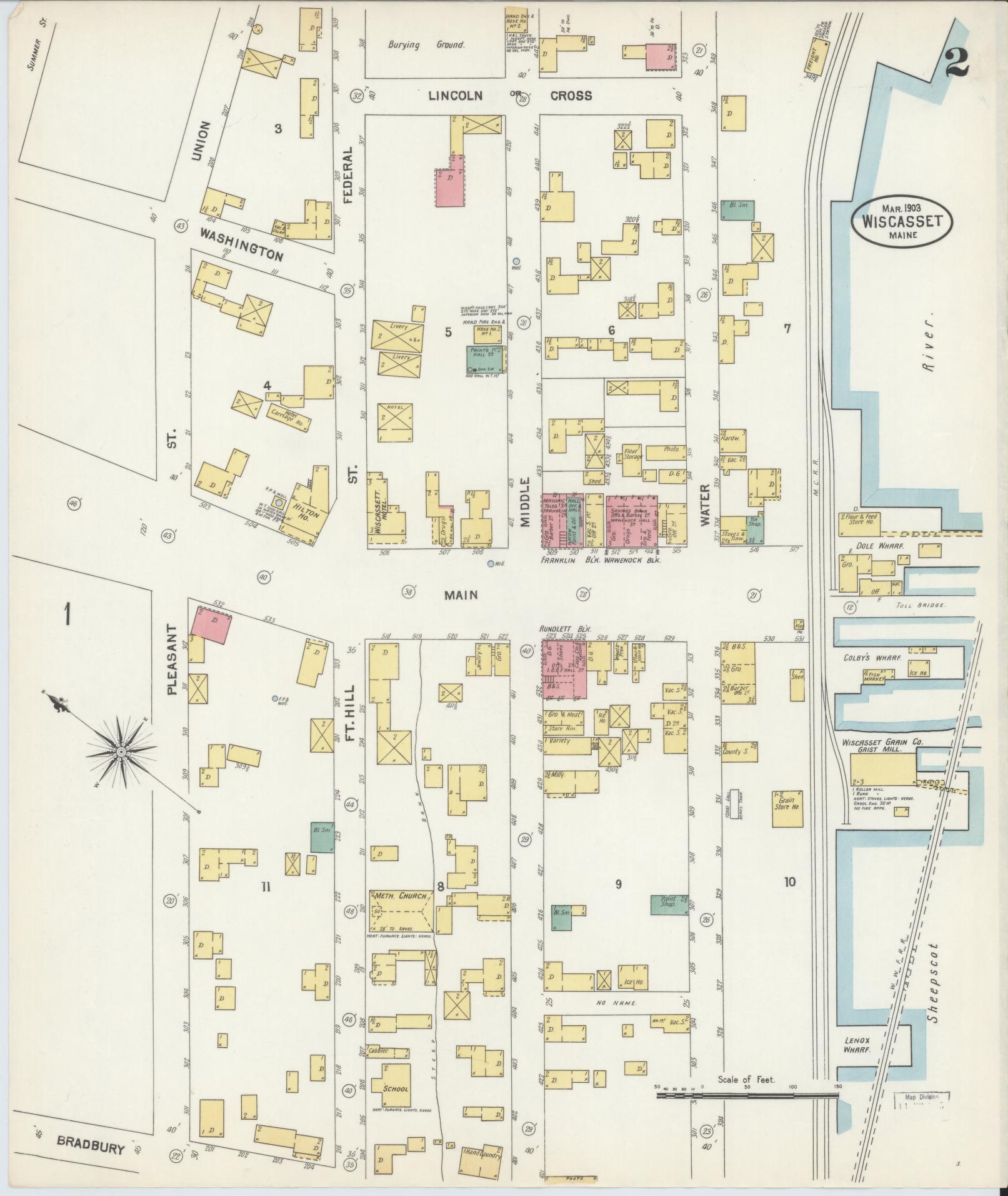 Sanborn Fire Insurance Map from Wiscasset, Lincoln County, Maine (1903), Sheet #0002 - Complete Map Set gallery image, historic Sanborn map, vintage wall art, Maine Maine