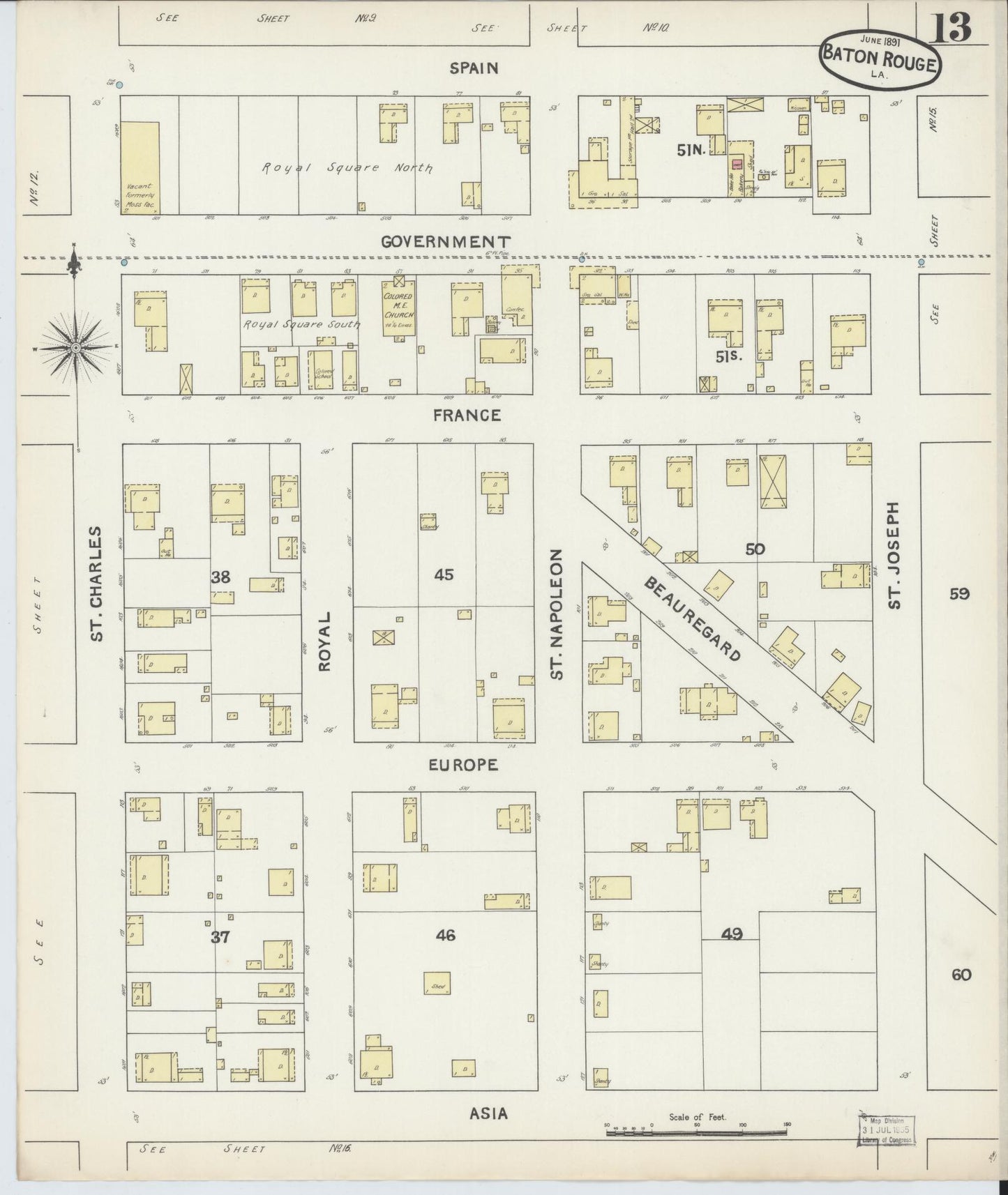 Sanborn Fire Insurance Map from Baton Rouge, East Baton Rouge Parish, Louisiana (1891), Sheet #0013 - Complete Map Set gallery image, historic Sanborn map, vintage wall art, Louisiana Louisiana