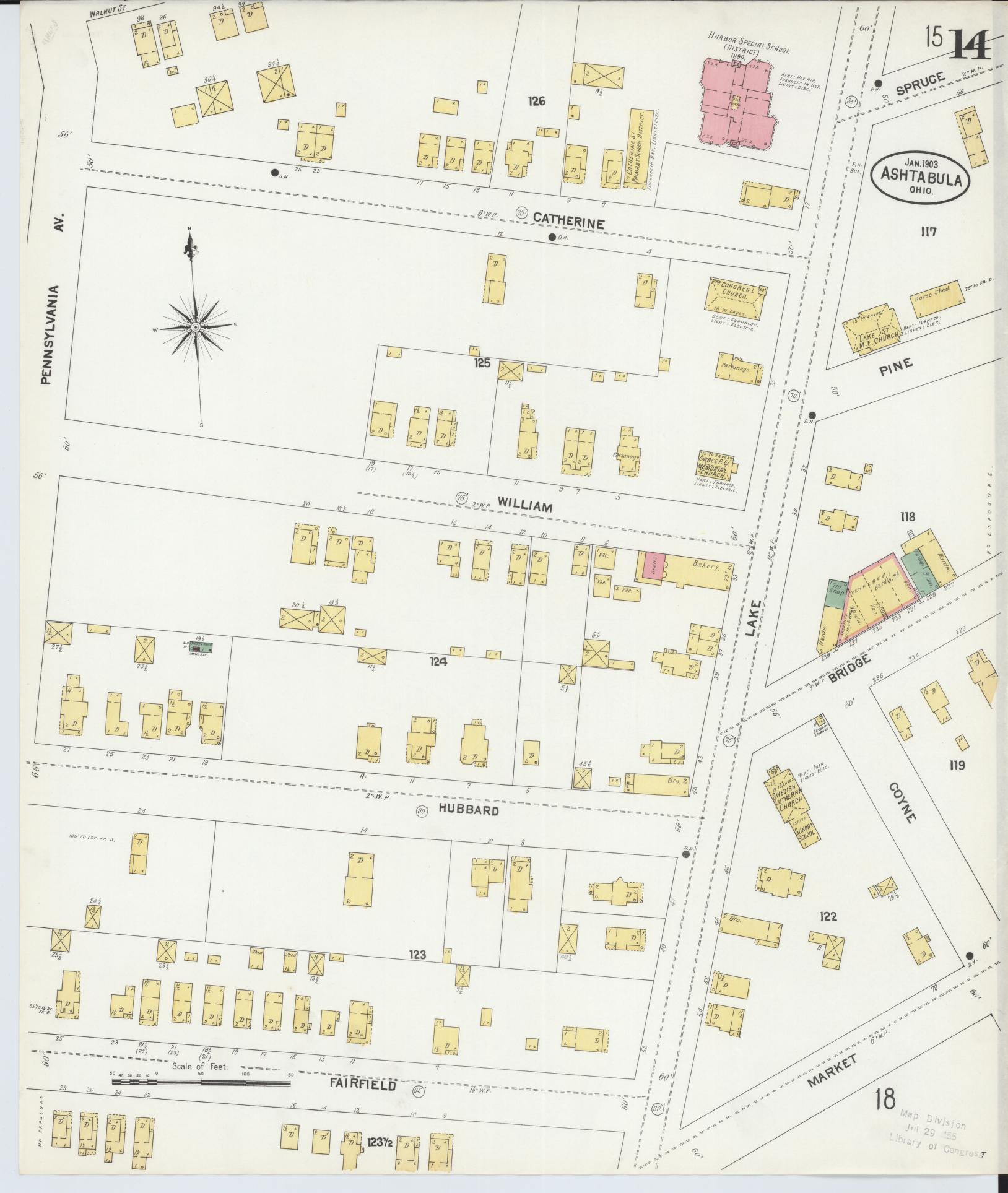 Sanborn Fire Insurance Map from Ashtabula, Ashtabula County, Ohio (1903), Sheet #0014 - Historic Sanborn Fire Insurance Map Print, vintage old map wall art, antique decor, genealogy gift, Ohio Ohio map