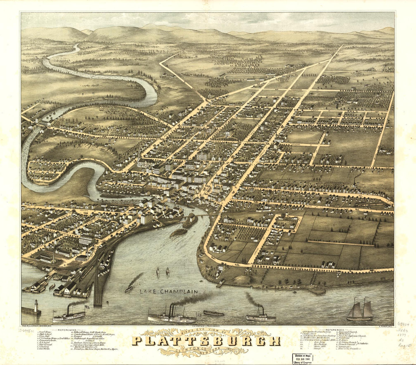 Bird's eye view of Plattsburgh, Clinton Co., New York 1877. (1877) – Historic Bird’s-Eye View Panorama Print