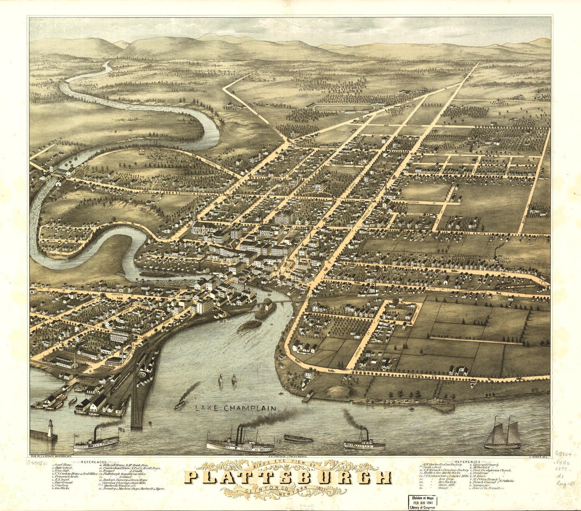 Bird's eye view of Plattsburgh, Clinton Co., New York 1877. (1877) – Historic Bird’s-Eye View Panorama Print