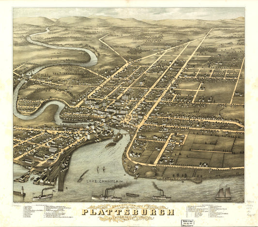 Bird's eye view of Plattsburgh, Clinton Co., New York 1877. (1877) – Historic Bird’s-Eye View Panorama Print