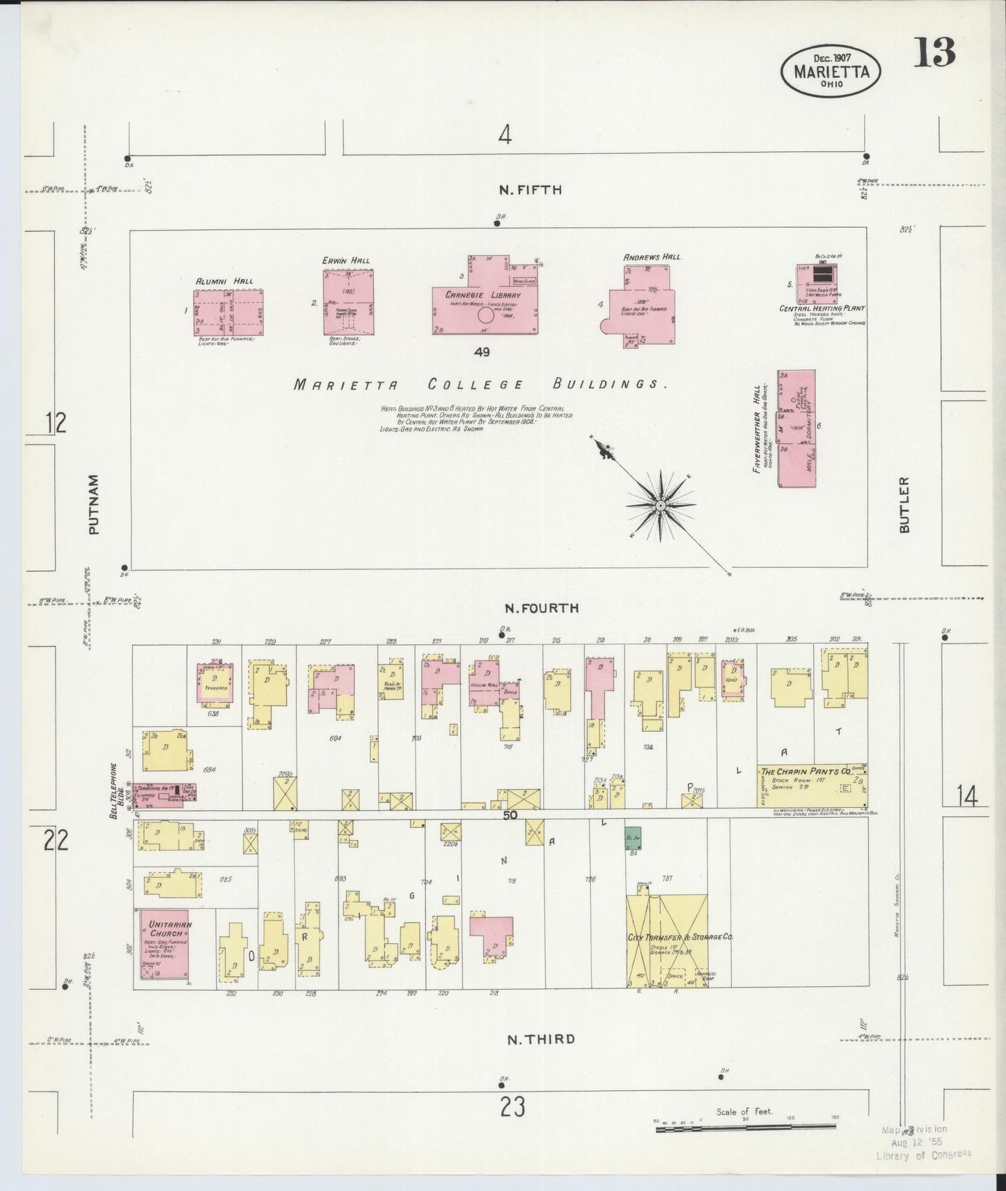 Sanborn Fire Insurance Map from Marietta, Washington County, Ohio (1907), Sheet #0013 - Historic Sanborn Fire Insurance Map Print, vintage old map wall art, antique decor, genealogy gift, Ohio Ohio map