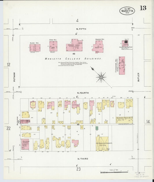 Sanborn Fire Insurance Map from Marietta, Washington County, Ohio (1907), Sheet #0013 - Historic Sanborn Fire Insurance Map Print, vintage old map wall art, antique decor, genealogy gift, Ohio Ohio map