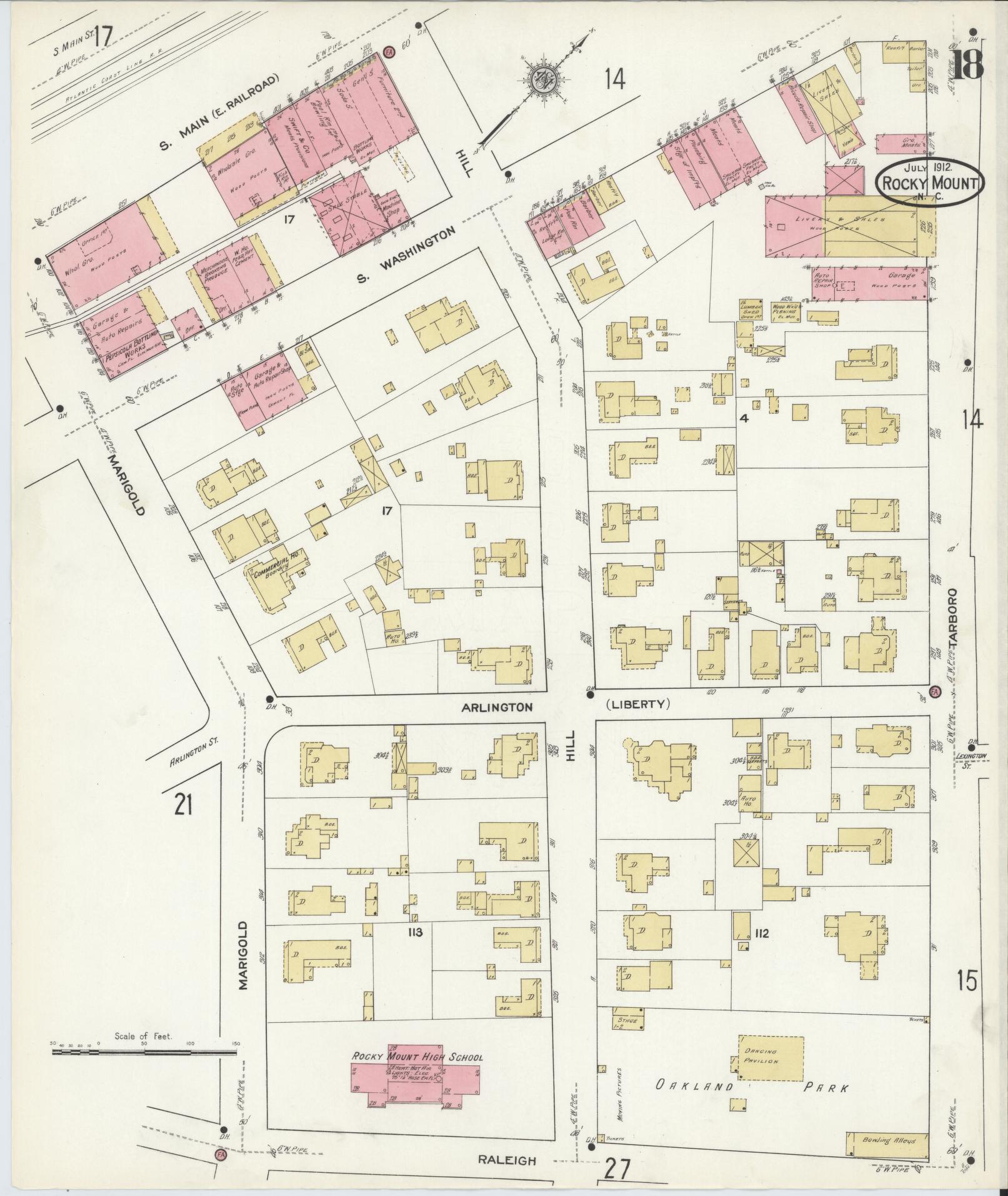 Sanborn Fire Insurance Map from Rocky Mount, Edgecombe And Nash Counties, North Carolina (1912), Sheet #0018 - Historic Sanborn Fire Insurance Map Print, vintage old map wall art, antique decor, genealogy gift, North Carolina North Carolina map