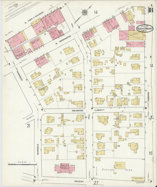 Sanborn Fire Insurance Map from Rocky Mount, Edgecombe And Nash Counties, North Carolina (1912), Sheet #0018 - Historic Sanborn Fire Insurance Map Print, vintage old map wall art, antique decor, genealogy gift, North Carolina North Carolina map