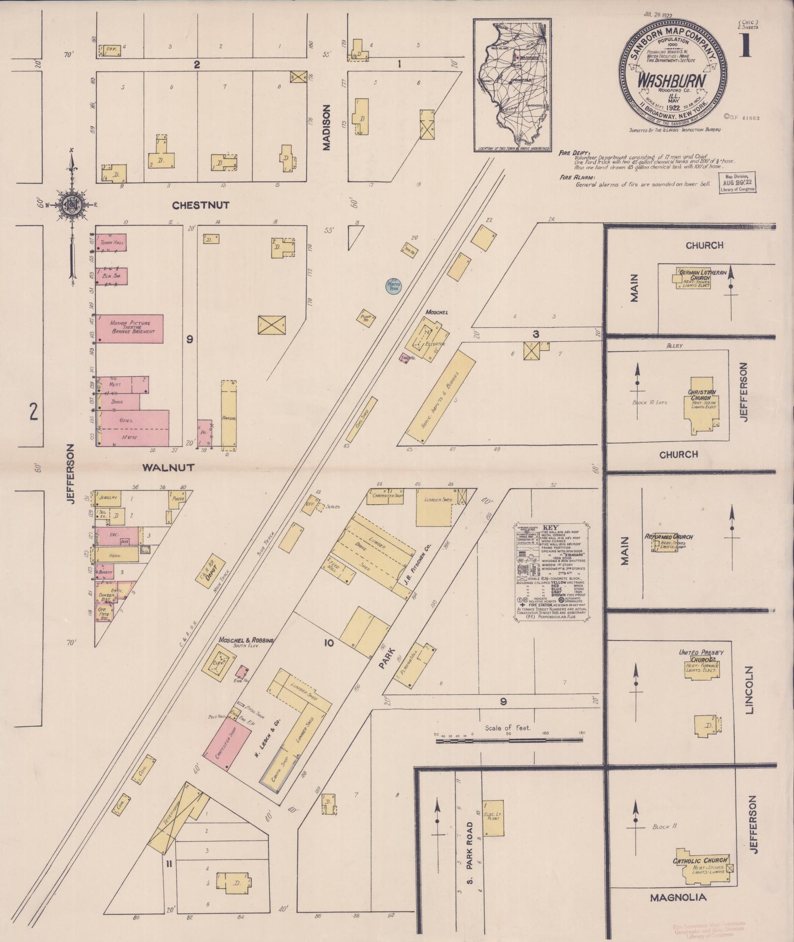 Sanborn Fire Insurance Map from Washburn, Woodford County, Illinois (1922), Sheet #0001 - Historic Sanborn Fire Insurance Map Print, vintage old map wall art, antique decor, genealogy gift, Illinois Illinois map