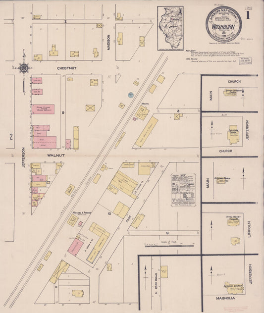 Sanborn Fire Insurance Map from Washburn, Woodford County, Illinois (1922), Sheet #0001 - Historic Sanborn Fire Insurance Map Print, vintage old map wall art, antique decor, genealogy gift, Illinois Illinois map