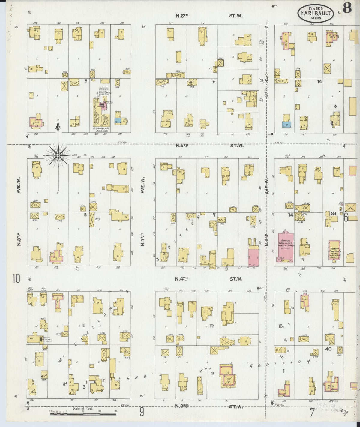 Sanborn Fire Insurance Map from Faribault, Rice County, Minnesota (1905), Sheet #0008 - Historic Sanborn Fire Insurance Map Print, vintage old map wall art, antique decor, genealogy gift, Minnesota Minnesota map