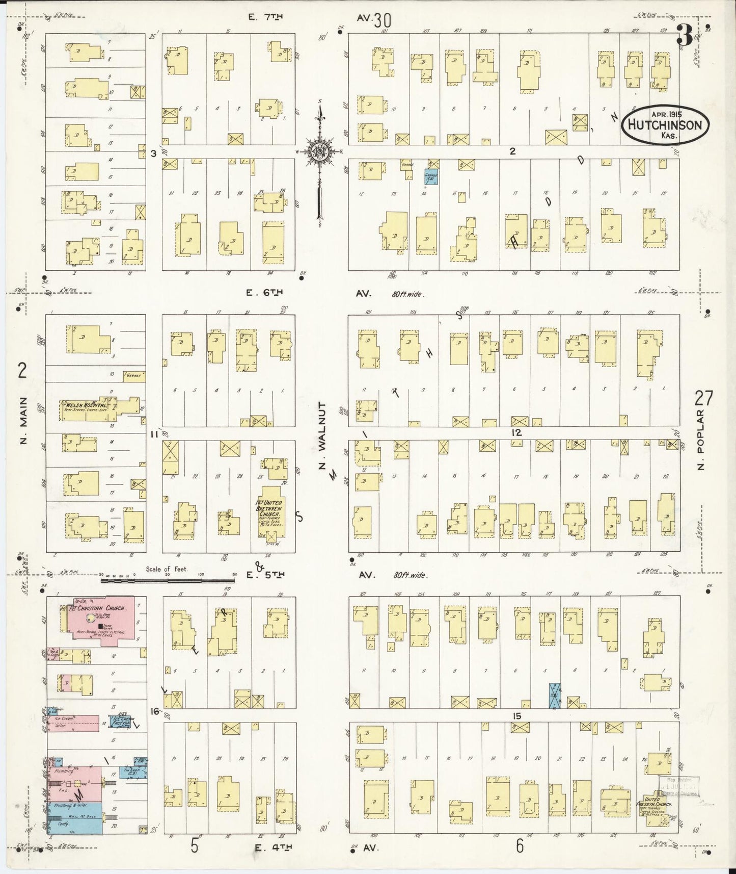 Sanborn Fire Insurance Map from Hutchinson, Reno County, Kansas (1915), Sheet #0004 - Complete Map Set gallery image, historic Sanborn map, vintage wall art, Kansas Kansas
