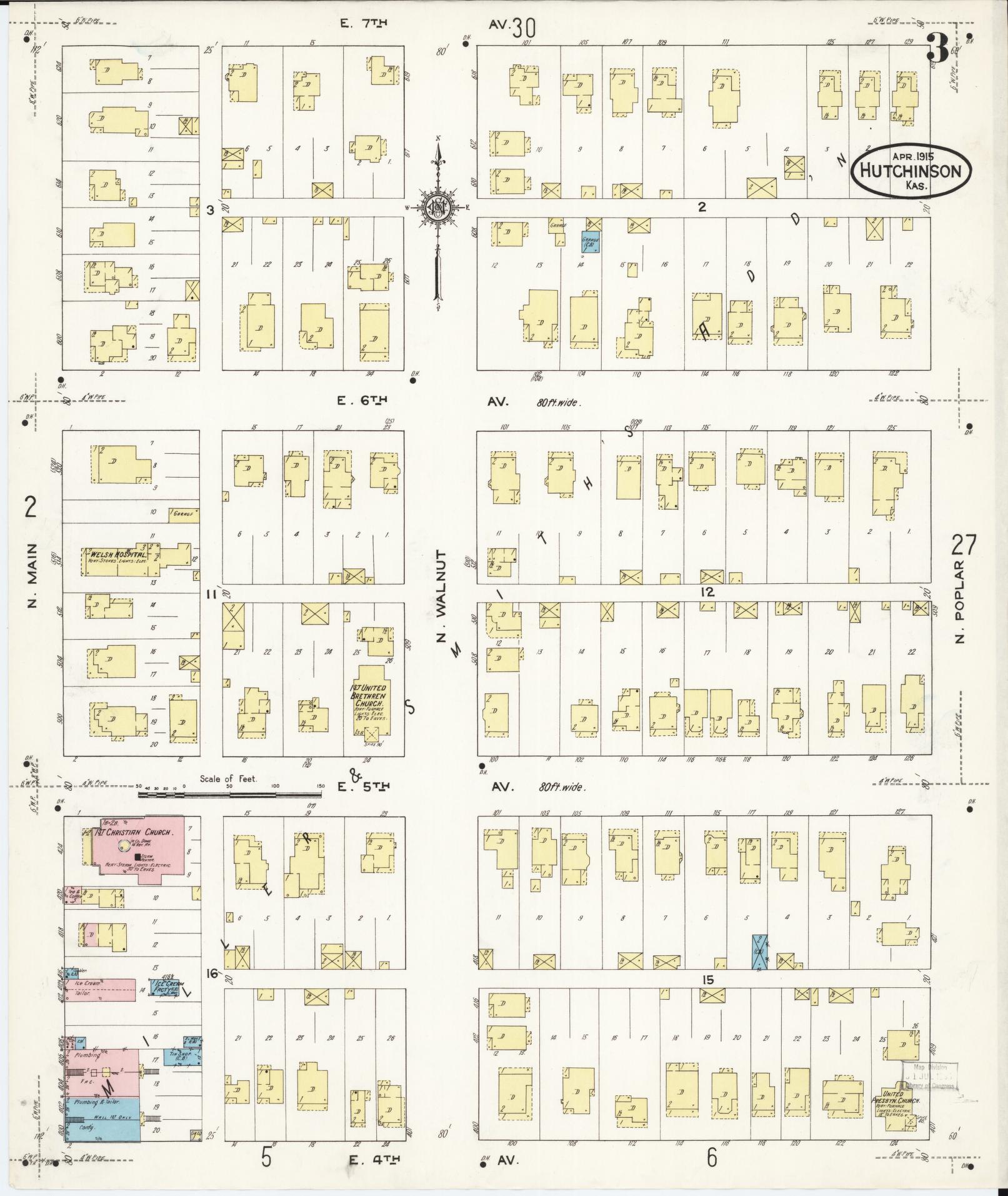 Sanborn Fire Insurance Map from Hutchinson, Reno County, Kansas (1915), Sheet #0004 - Complete Map Set gallery image, historic Sanborn map, vintage wall art, Kansas Kansas