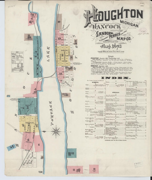 Sanborn Fire Insurance Map from Houghton, Houghton County, Michigan (1893), Sheet #0001 - Historic Sanborn Fire Insurance Map Print, vintage old map wall art, antique decor, genealogy gift, Michigan Michigan map