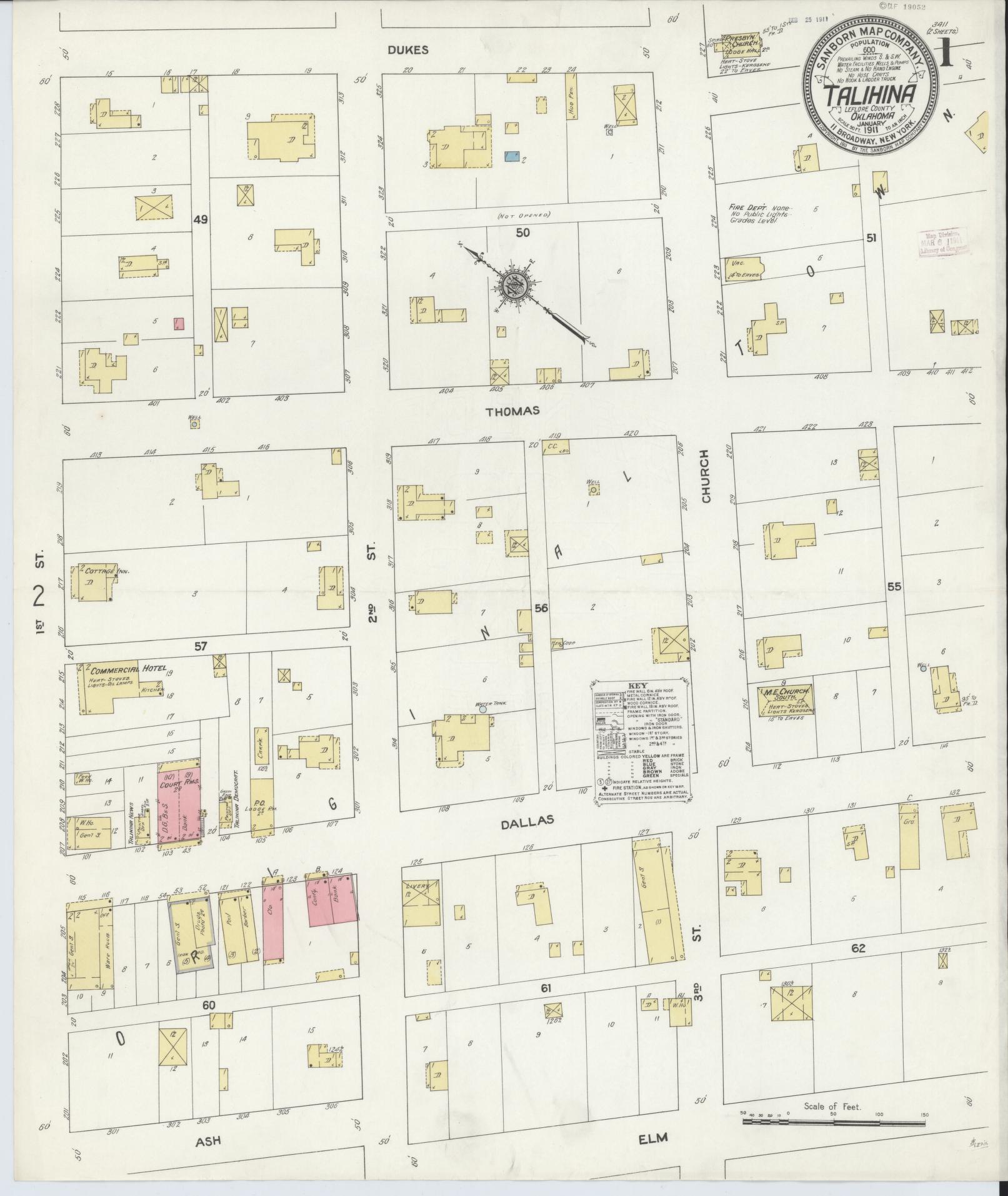 Sanborn Fire Insurance Map from Talihina, Le Flore County, Oklahoma (1911), Sheet #0001 - Complete Map Set gallery image, historic Sanborn map, vintage wall art, Oklahoma Oklahoma