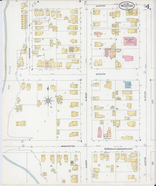 Sanborn Fire Insurance Map from Waukegan, Lake County, Illinois (1906), Sheet #0004 - Historic Sanborn Fire Insurance Map Print, vintage old map wall art, antique decor, genealogy gift, Illinois Illinois map