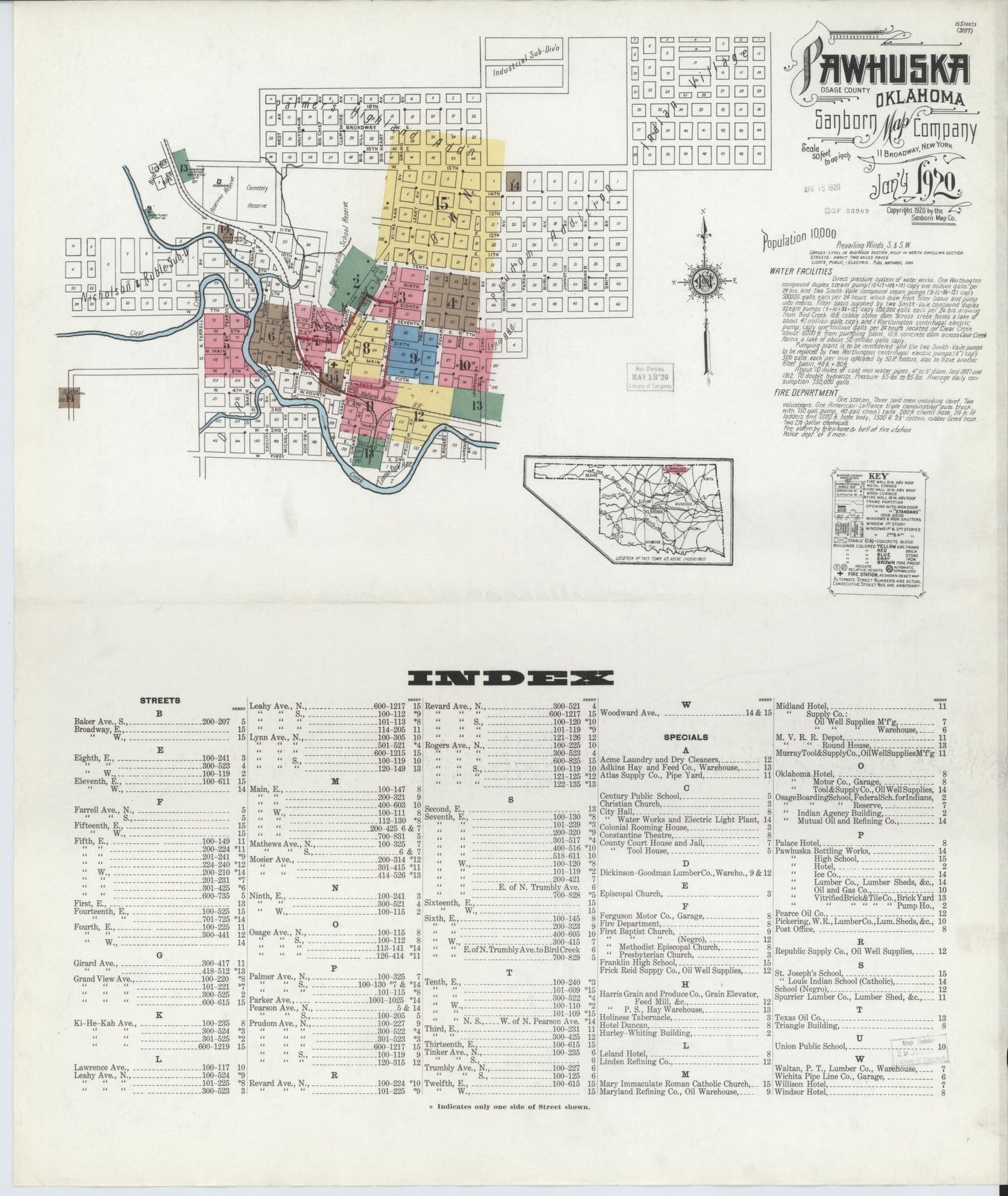 Sanborn Fire Insurance Map from Pawhuska, Osage County, Oklahoma (1920), Sheet #0001 - Complete Map Set gallery image, historic Sanborn map, vintage wall art, Oklahoma Oklahoma