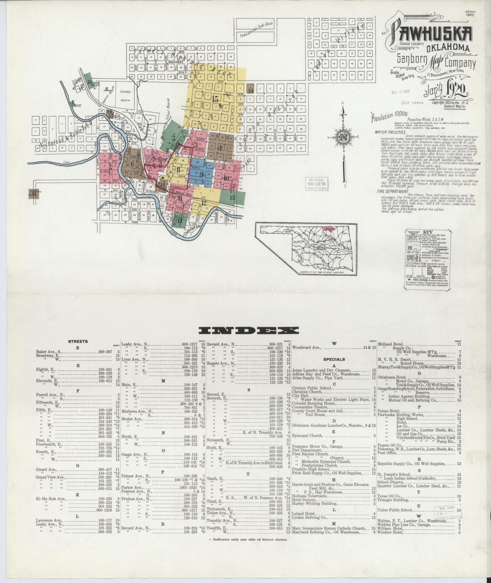 Sanborn Fire Insurance Map from Pawhuska, Osage County, Oklahoma (1920), Sheet #0001 - Complete Map Set gallery image, historic Sanborn map, vintage wall art, Oklahoma Oklahoma