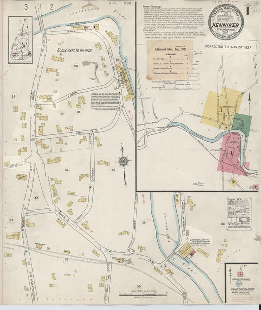 Sanborn Fire Insurance Map from Henniker, Merrimack County, New Hampshire (1945), Sheet #0001 - Historic Sanborn Fire Insurance Map Print, vintage old map wall art, antique decor, genealogy gift, New Hampshire New Hampshire map
