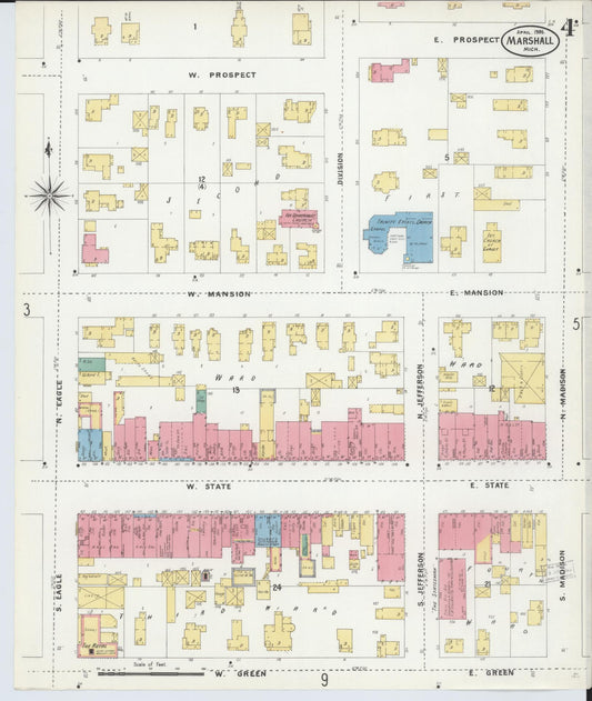 Sanborn Fire Insurance Map from Marshall, Calhoun County, Michigan (1906), Sheet #0004 - Historic Sanborn Fire Insurance Map Print, vintage old map wall art, antique decor, genealogy gift, Michigan Michigan map