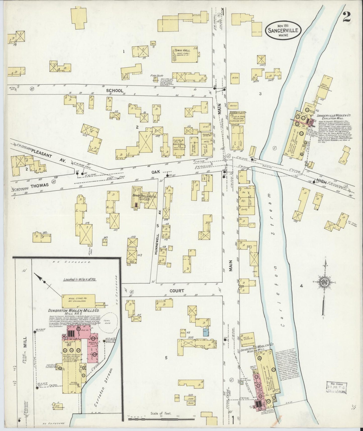Sanborn Fire Insurance Map from Sangerville, Piscataquis County, Maine (1911), Sheet #0002 - Historic Sanborn Fire Insurance Map Print, vintage old map wall art, antique decor, genealogy gift, Maine Maine map