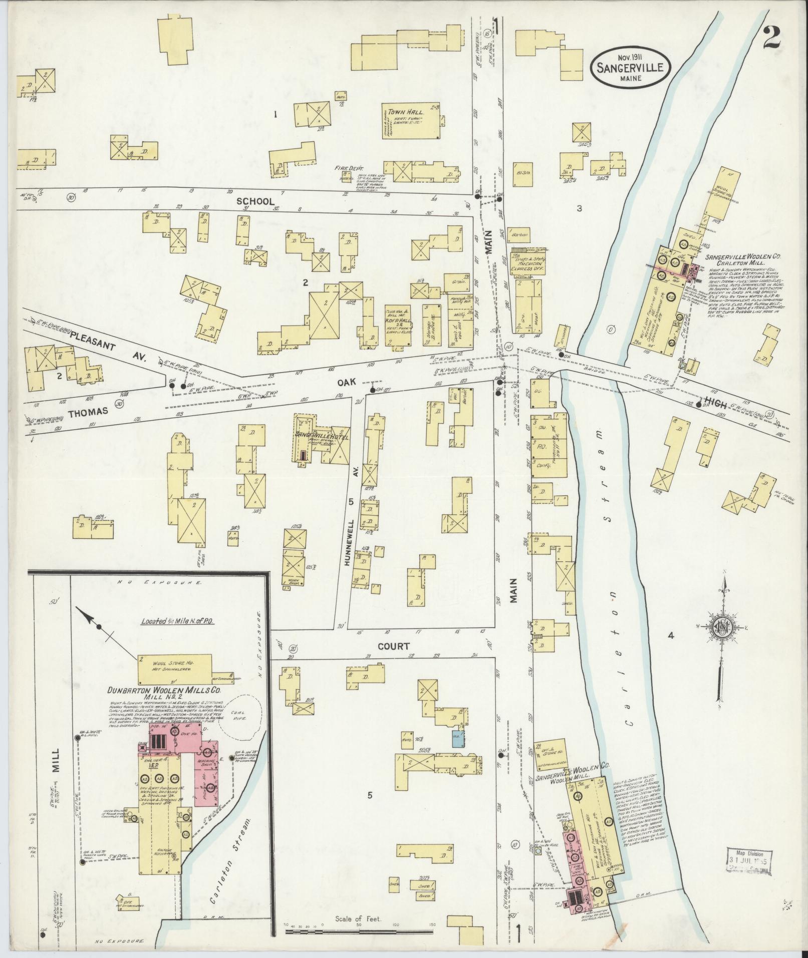 Sanborn Fire Insurance Map from Sangerville, Piscataquis County, Maine (1911), Sheet #0002 - Historic Sanborn Fire Insurance Map Print, vintage old map wall art, antique decor, genealogy gift, Maine Maine map